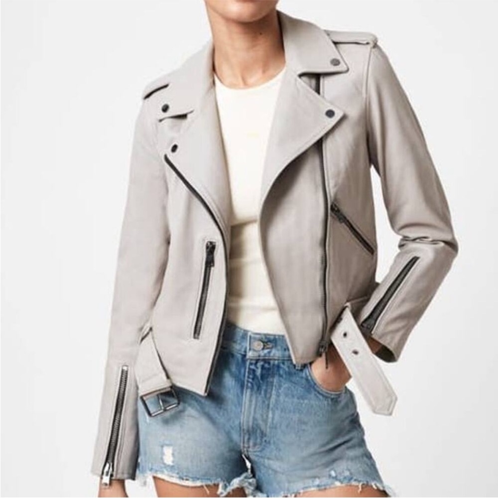 All Saints 2 Balfern Biker Leather Jacket Off White/Light Grey